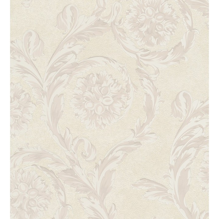 Papel pintado flores-volutas barroco blanco metalizado - Fancelli 453440
