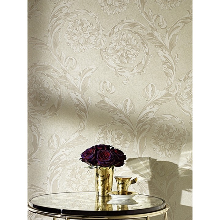 Papel pintado flores-volutas barroco blanco metalizado - Fancelli 453440