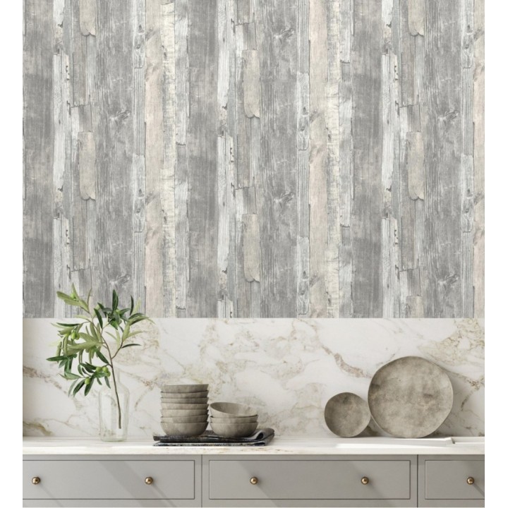 Papel pintado madera desgastada gris claro estilo rústico - Antares 453787