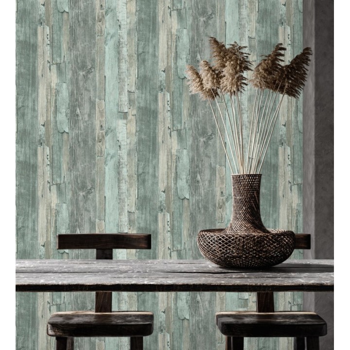 Papel pintado madera desgastada celeste turquesa estilo rústico - Antares 453788