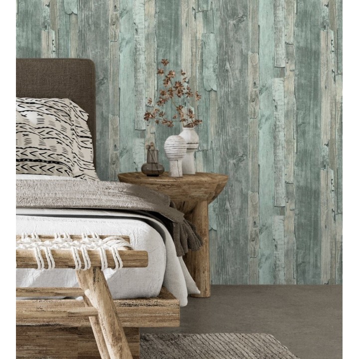 Papel pintado madera desgastada celeste turquesa estilo rústico - Antares 453788