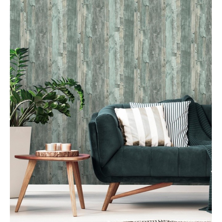 Papel pintado madera desgastada celeste turquesa estilo rústico - Antares 453788