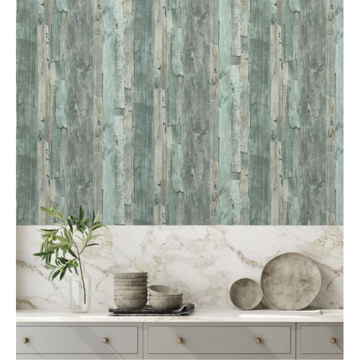 Papel pintado madera desgastada celeste turquesa estilo rústico - Antares 453788