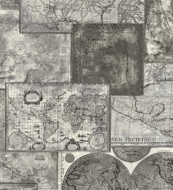 Papel pintado collage de mapas cartográficos blanco y negro - Pacifique 453834