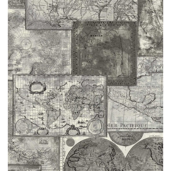 Papel pintado collage de mapas cartográficos blanco y negro - Pacifique 453834