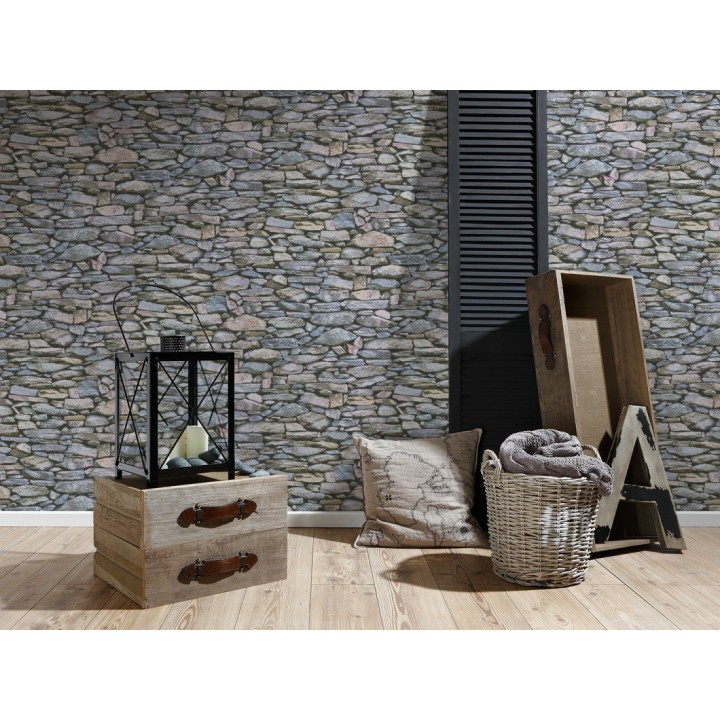 Papel pintado muro de piedra rústico campestre multicolor - Plauto 453867