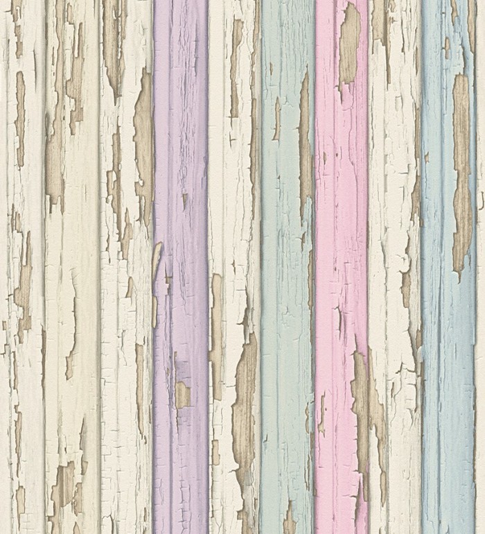 Papel pintado madera decapada violeta y turquesa claro estilo vintage - Almate 453885