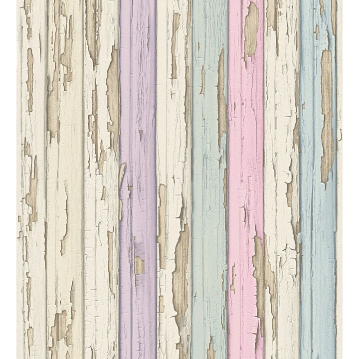 Papel pintado madera decapada violeta y turquesa claro estilo vintage - Almate 453885