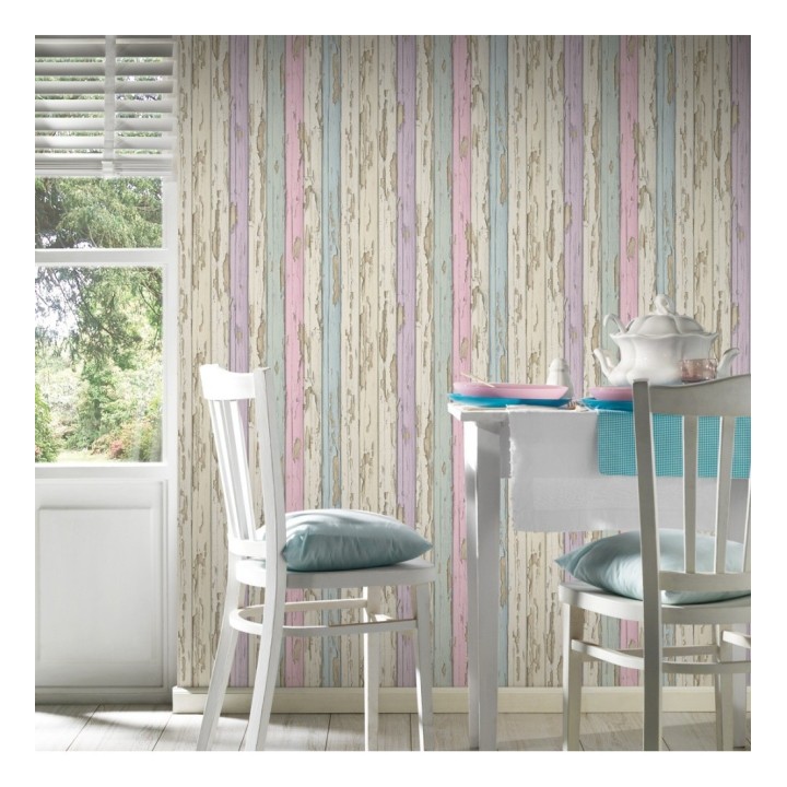 Papel pintado madera decapada violeta y turquesa claro estilo vintage - Almate 453885