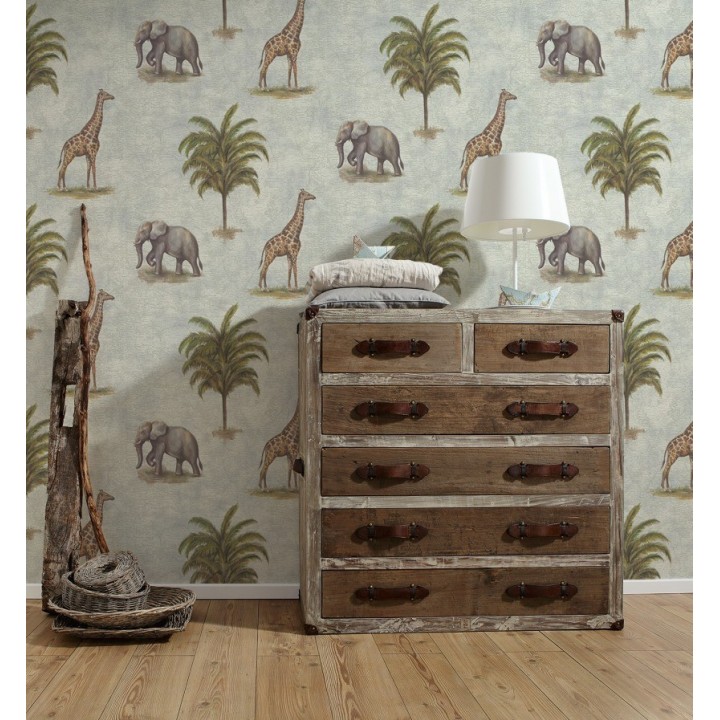 Papel pintado jirafas y elefantes de safari africano - Elephas 453890