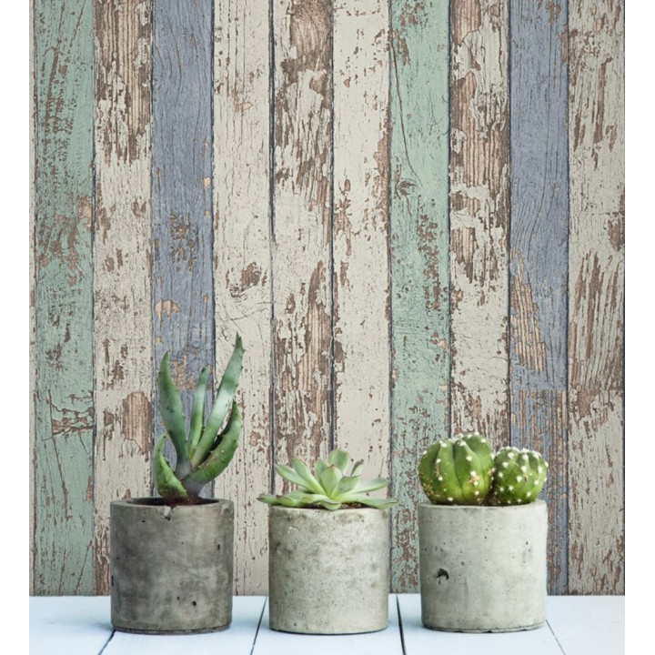 Papel pintado madera decapada blanca y de color estilo nórdico - Laredo 453895