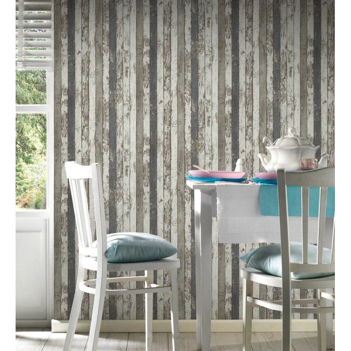 Papel pintado madera decapada blanca y gris estilo nórdico - Laredo 453896