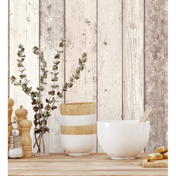 Papel pintado listones de madera decapada beige estilo rústico - Madeira 3 454786