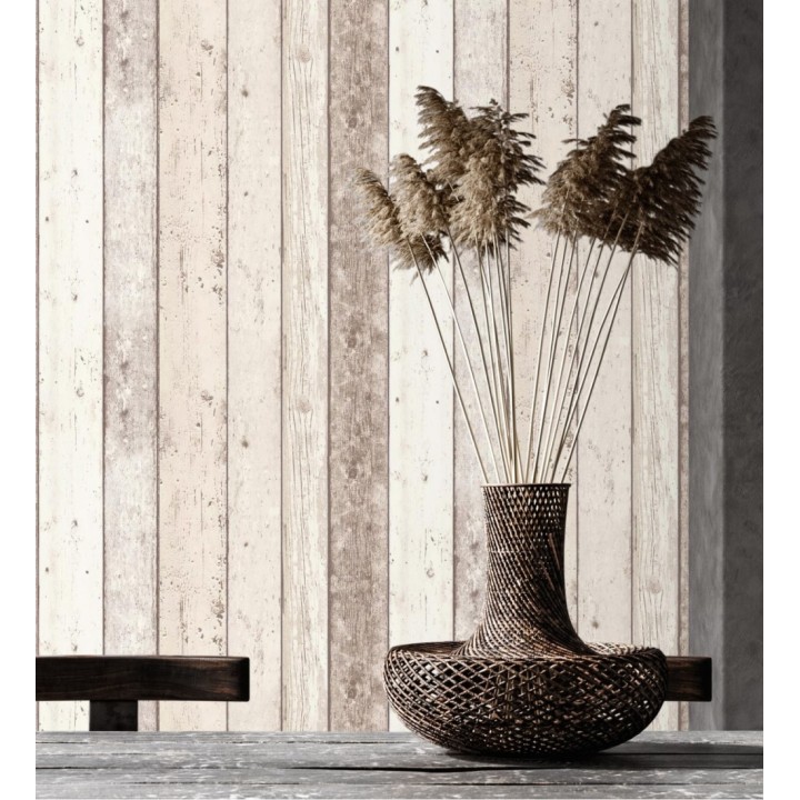 Papel pintado listones de madera decapada beige estilo rústico - Madeira 3 454786
