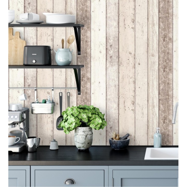 Papel pintado listones de madera decapada beige estilo rústico - Madeira 3 454786