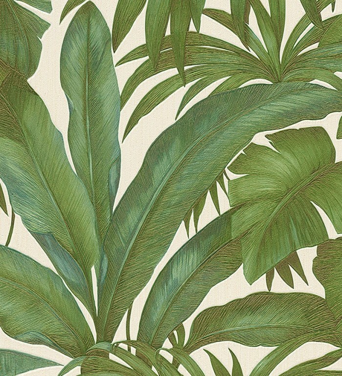 Papel pintado palmeras tropicales verdes fondo blanco - Vanila 455872