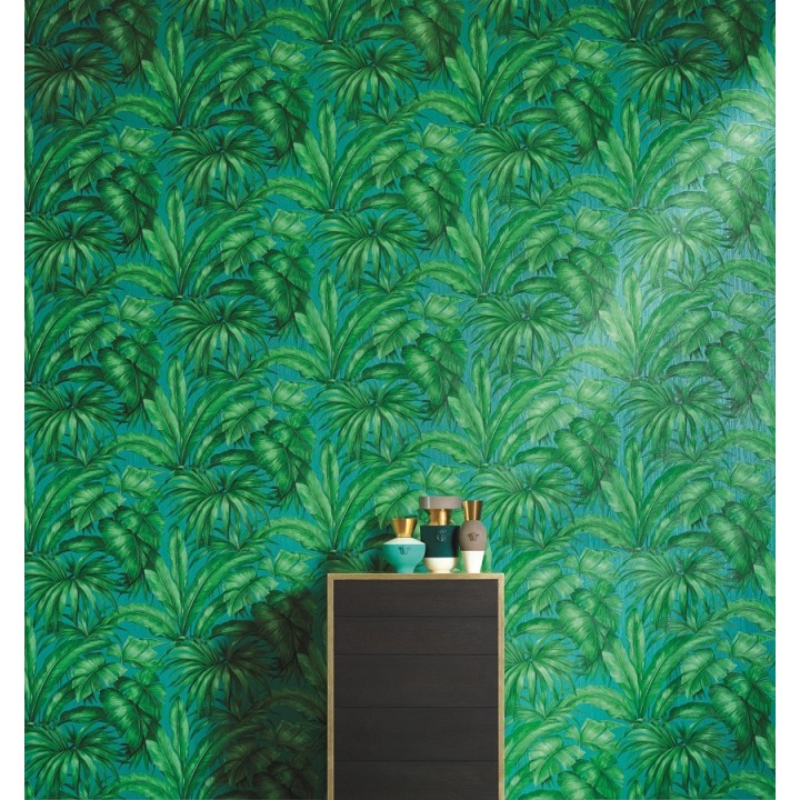Papel pintado palmeras tropicales turquesa y verde - Vanila 455873