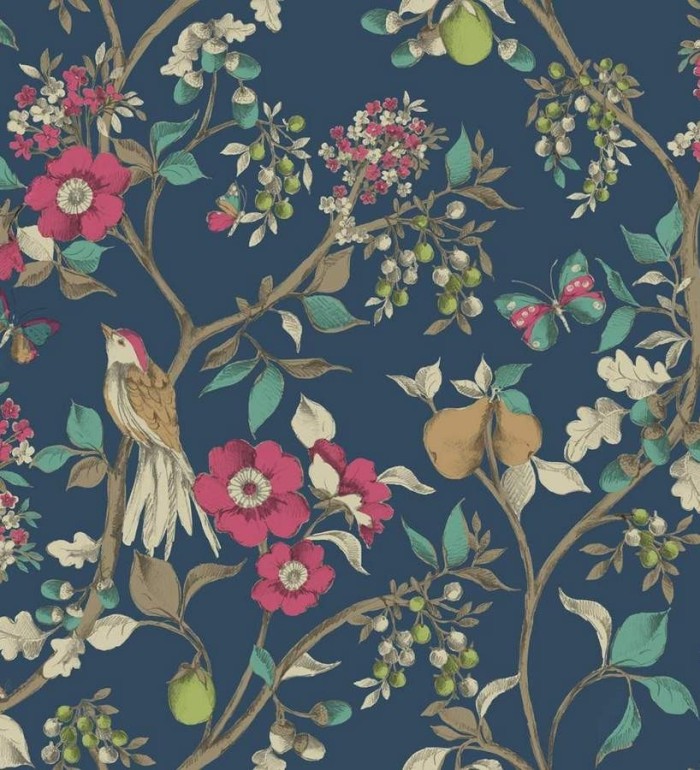 Papel pintado naturaleza de pájaros y flores fondo azul oscuro pálido - Rebecca 564424