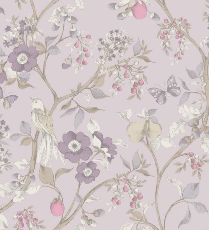 Papel pintado naturaleza de pájaros y flores fondo gris claro - Rebecca 564425