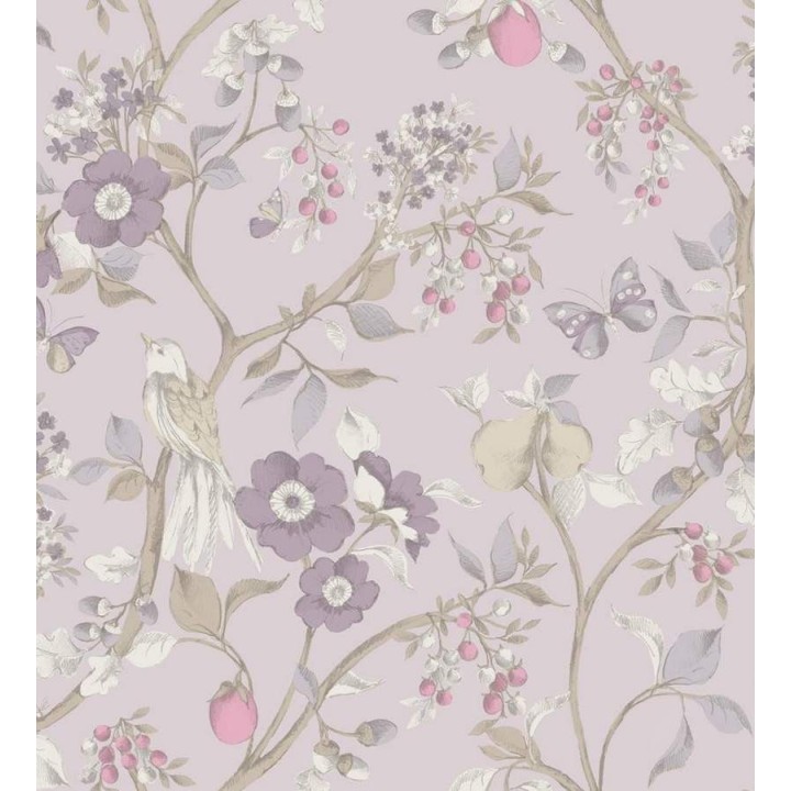 Papel pintado naturaleza de pájaros y flores fondo gris claro - Rebecca 564425