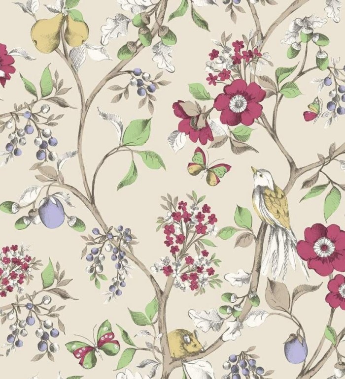 Papel pintado naturaleza de pájaros y flores fondo gris claro caqui - Rebecca 564426