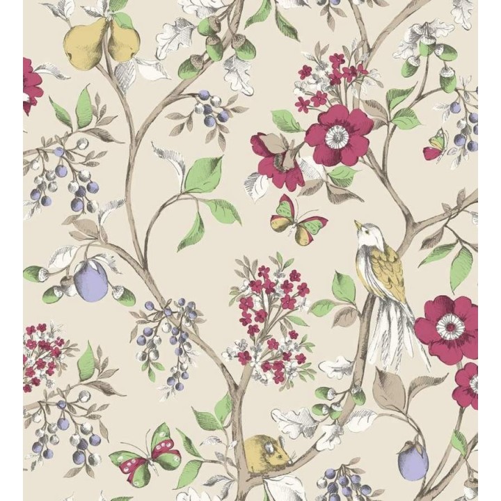Papel pintado naturaleza de pájaros y flores fondo gris claro caqui - Rebecca 564426