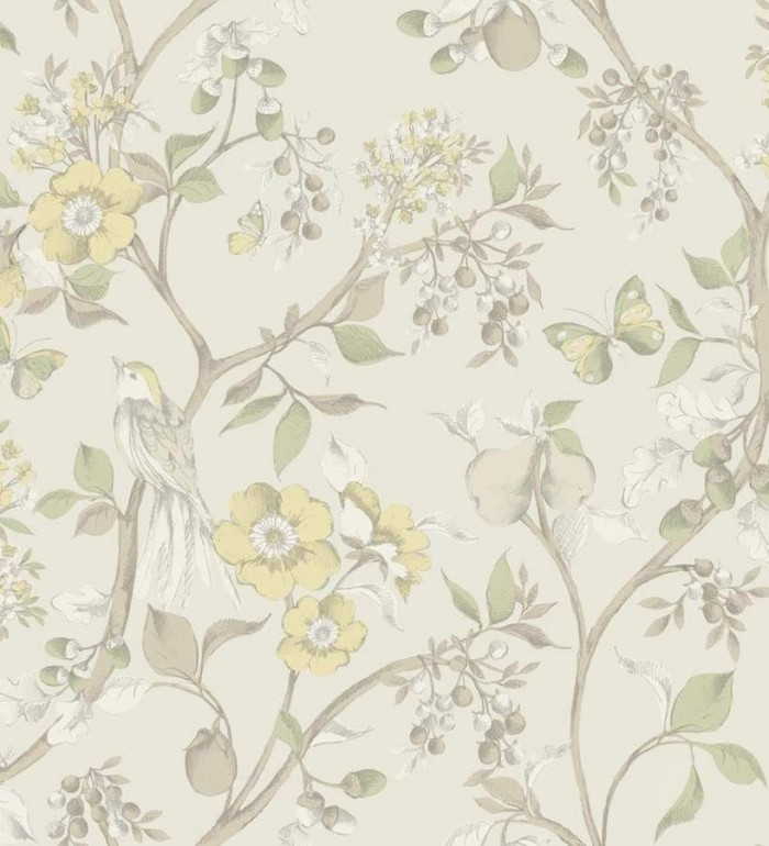 Papel pintado naturaleza de pájaros y flores fondo marfil claro - Rebecca 564427