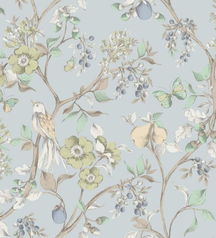 Papel pintado naturaleza de pájaros y flores fondo celeste claro pálido - Rebecca 564428