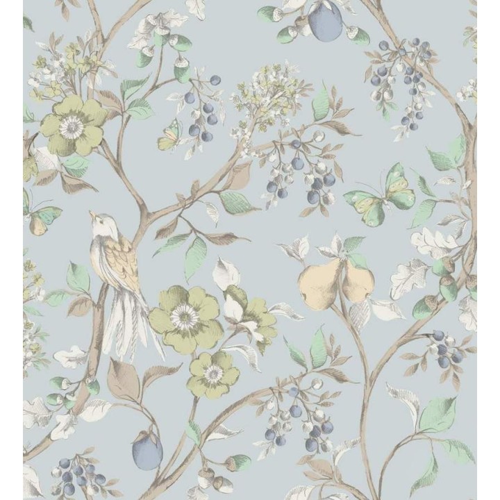 Papel pintado naturaleza de pájaros y flores fondo celeste claro pálido - Rebecca 564428