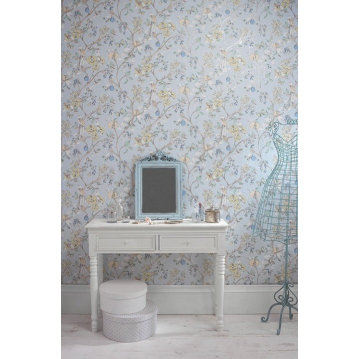 Papel pintado naturaleza de pájaros y flores fondo celeste claro pálido - Rebecca 564428