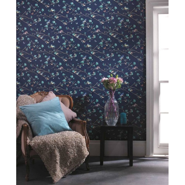 Papel pintado pájaros y ramas con flores románticas - Georgina 564434