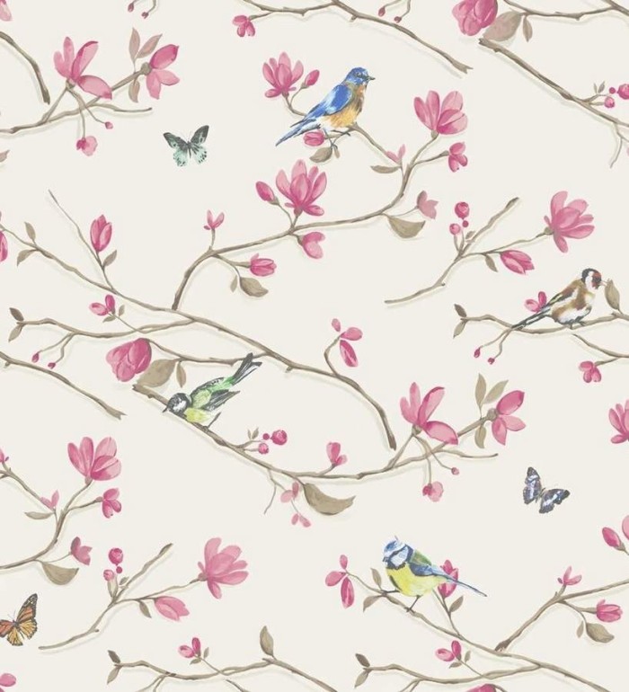 Papel pintado pájaros y ramas con flores románticas - Georgina 564435