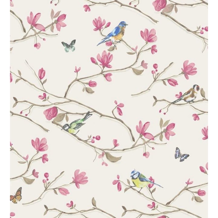 Papel pintado pájaros y ramas con flores románticas - Georgina 564435