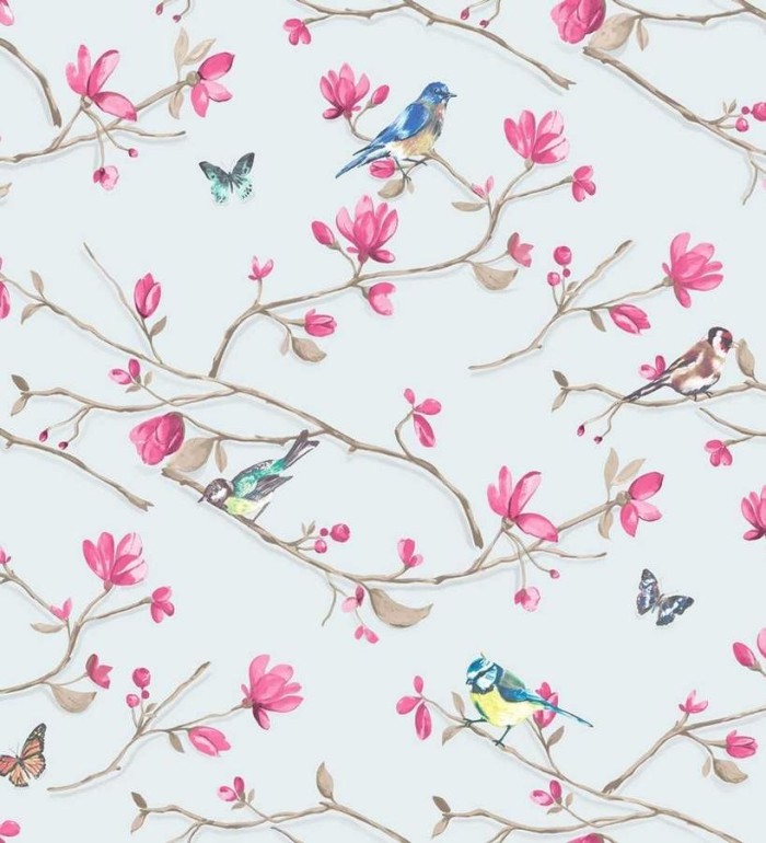Papel pintado pájaros y ramas con flores románticas - Georgina 564437