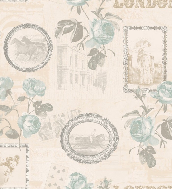 Papel pintado collage de retratos y flores - Vintage London 564462