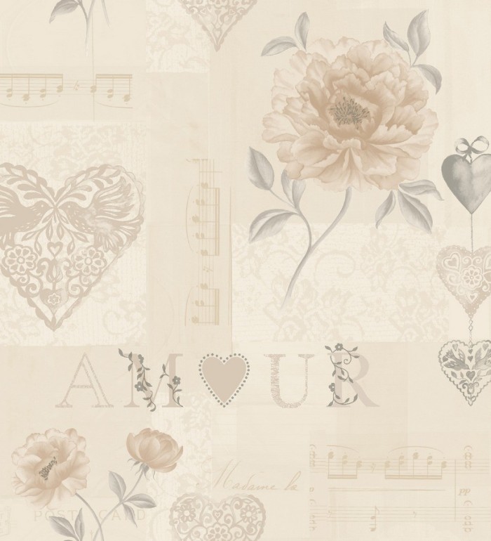 Papel pintado collage vintage de flores y corazones - Mon Amour 564466