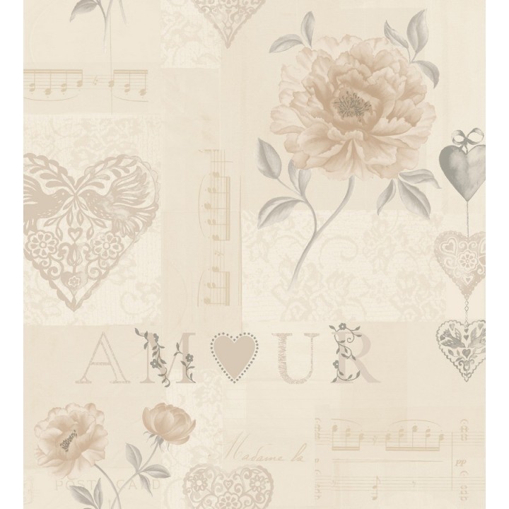 Papel pintado collage vintage de flores y corazones - Mon Amour 564466
