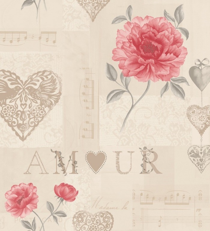 Papel pintado collage vintage de flores y corazones - Mon Amour 564468