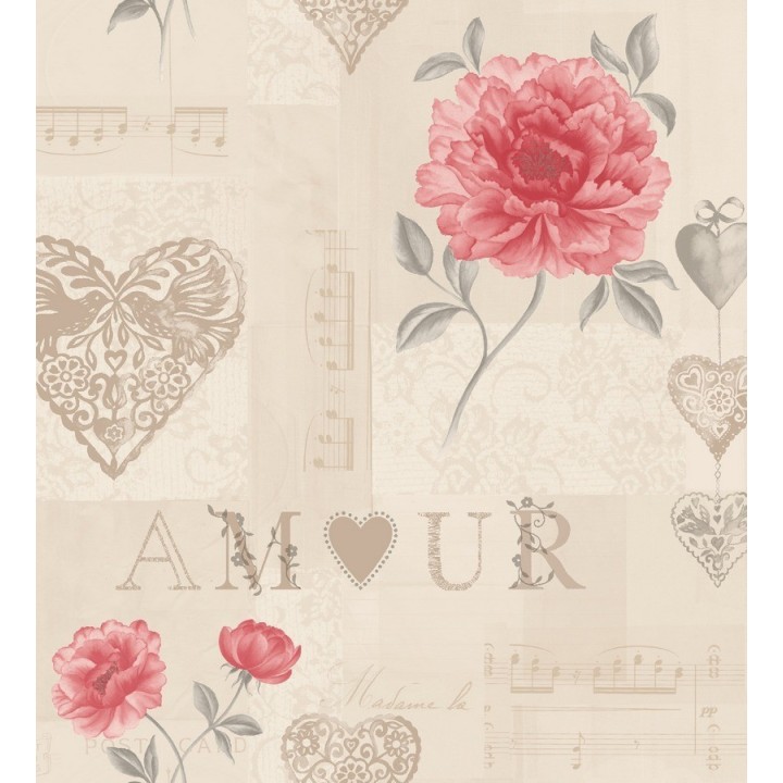 Papel pintado collage vintage de flores y corazones - Mon Amour 564468