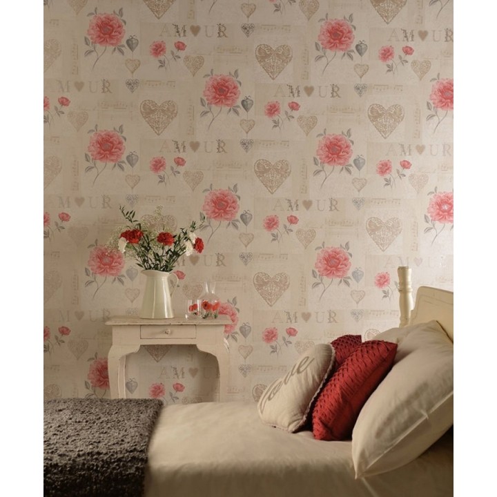 Papel pintado collage vintage de flores y corazones - Mon Amour 564468