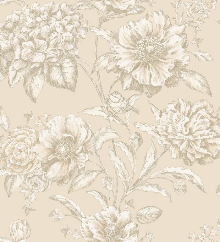 Papel pintado flores grandes con pájaros vintage - Aldara 564473