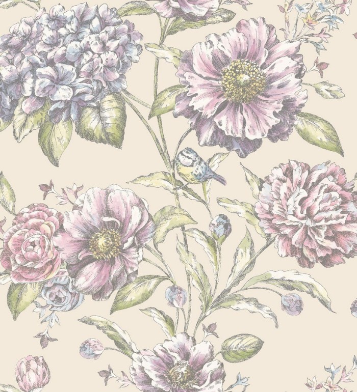 Papel pintado flores grandes con pájaros vintage - Aldara 564474
