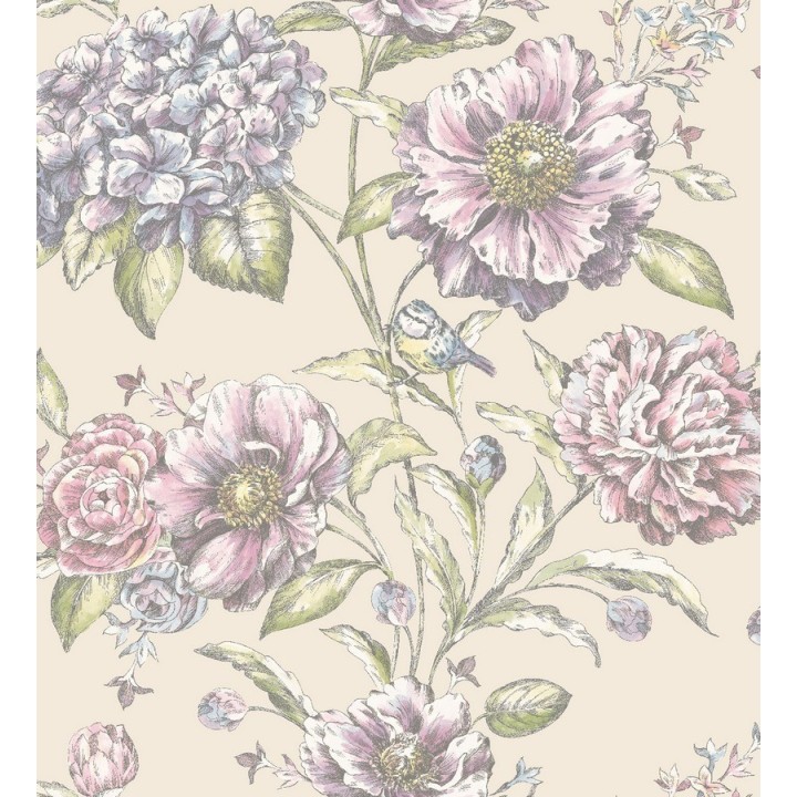 Papel pintado flores grandes con pájaros vintage - Aldara 564474