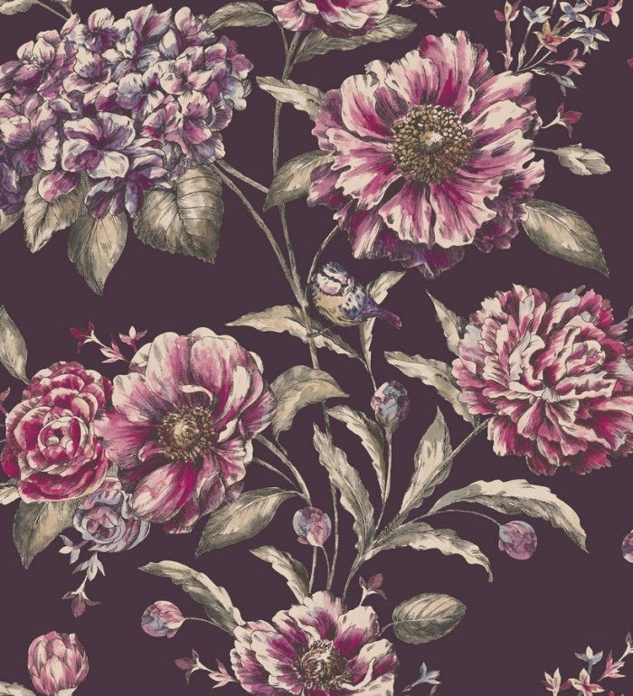 Papel pintado flores grandes con pájaros vintage - Aldara 564475