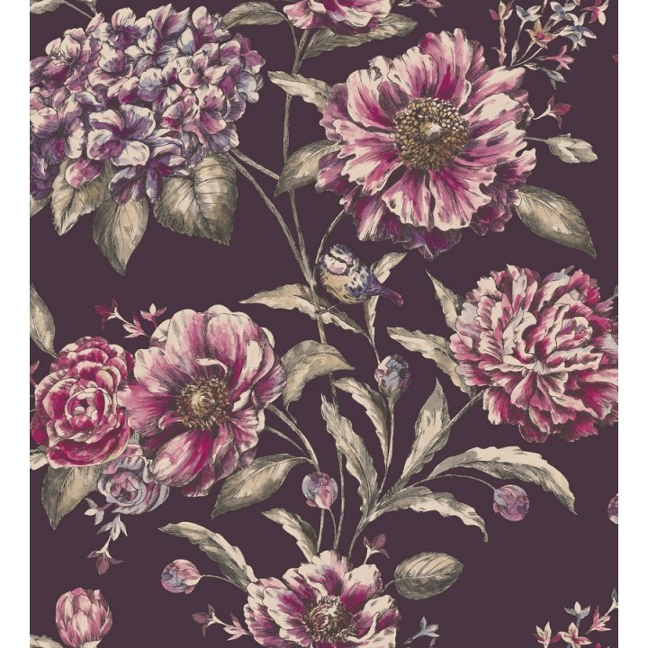 Papel pintado flores grandes con pájaros vintage - Aldara 564475