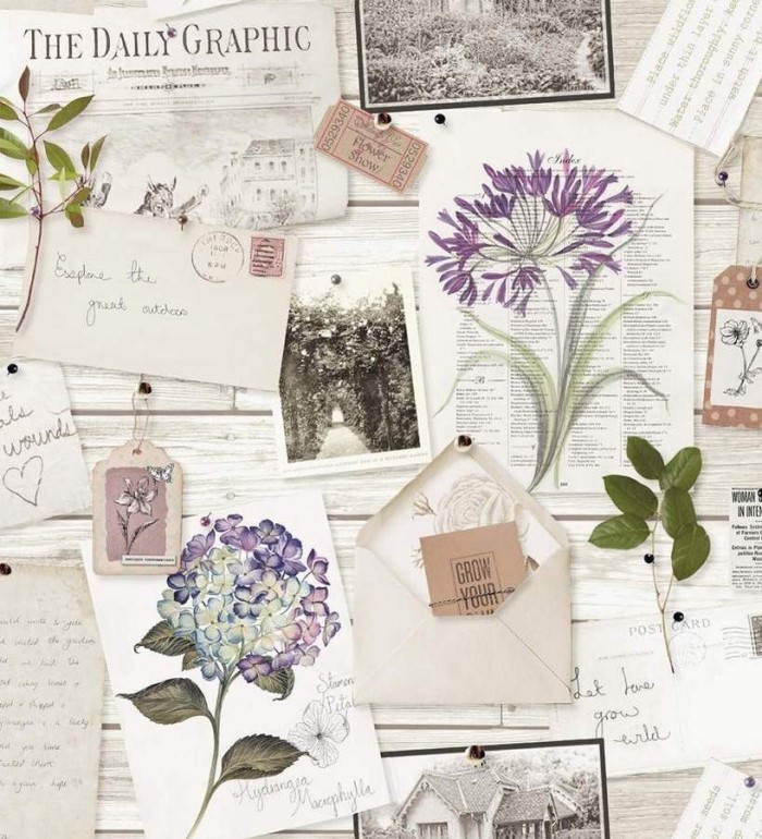 Papel pintado collage de cartas y flores vintage - Emina 564498