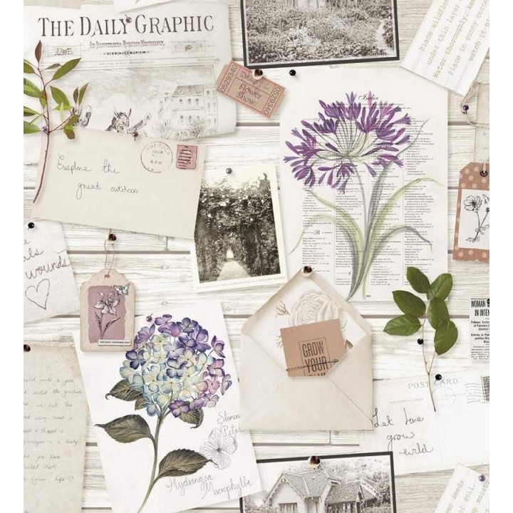 Papel pintado collage de cartas y flores vintage - Emina 564498