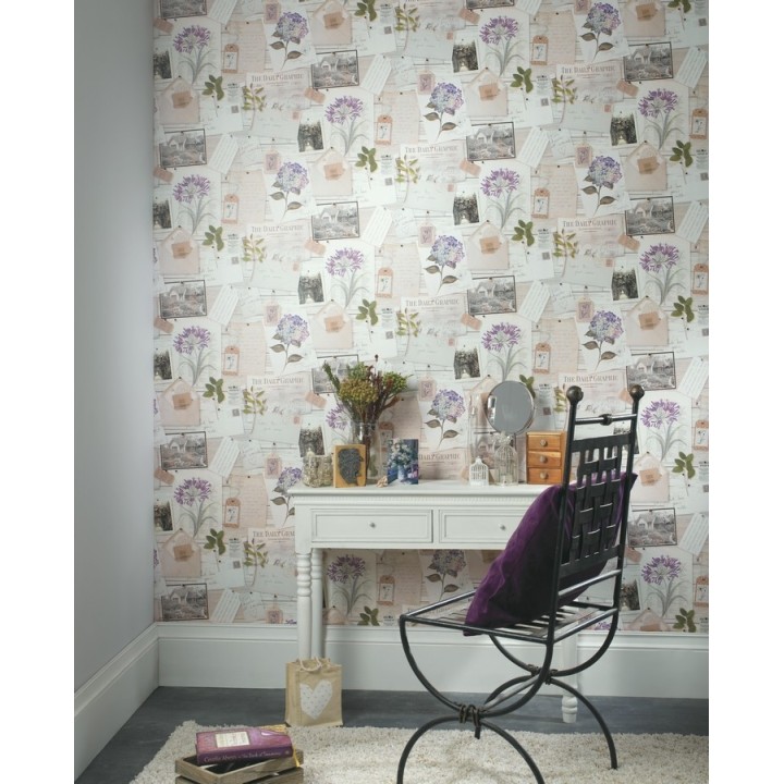 Papel pintado collage de cartas y flores vintage - Emina 564498