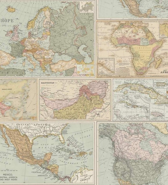 Papel pintado collage mapamundi vintage multicolor - Alvarado 564513