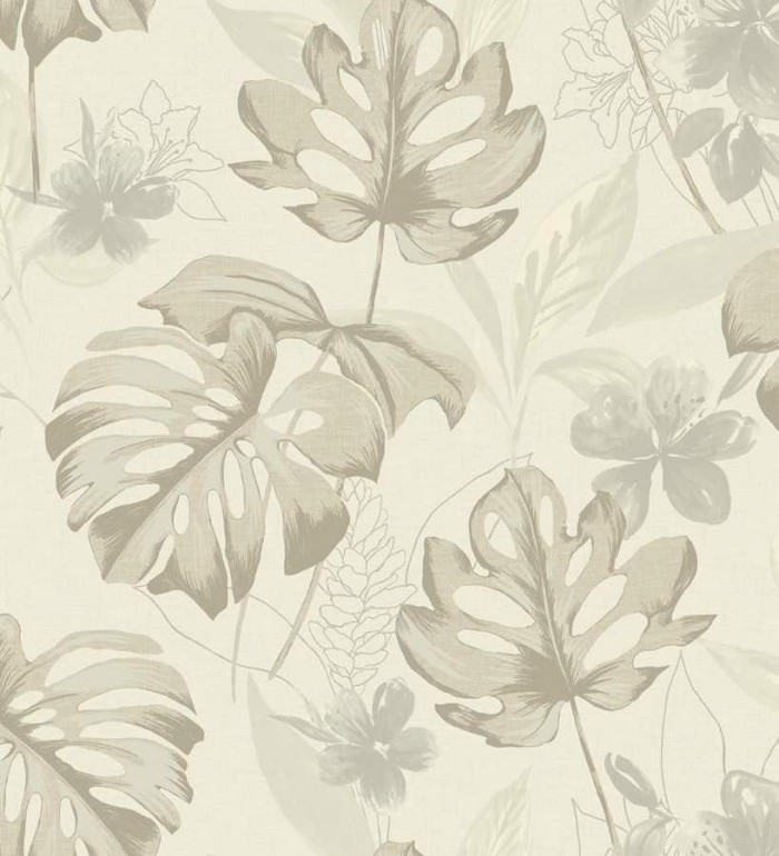 Papel pintado hojas de monstera y flores grises - Darden 564568